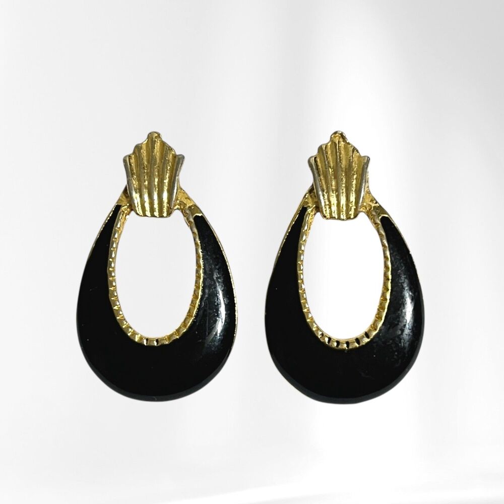 Vtg Enameled Earrings Gold Tone Black Door Knocker Art Deco Style Retro Pierced